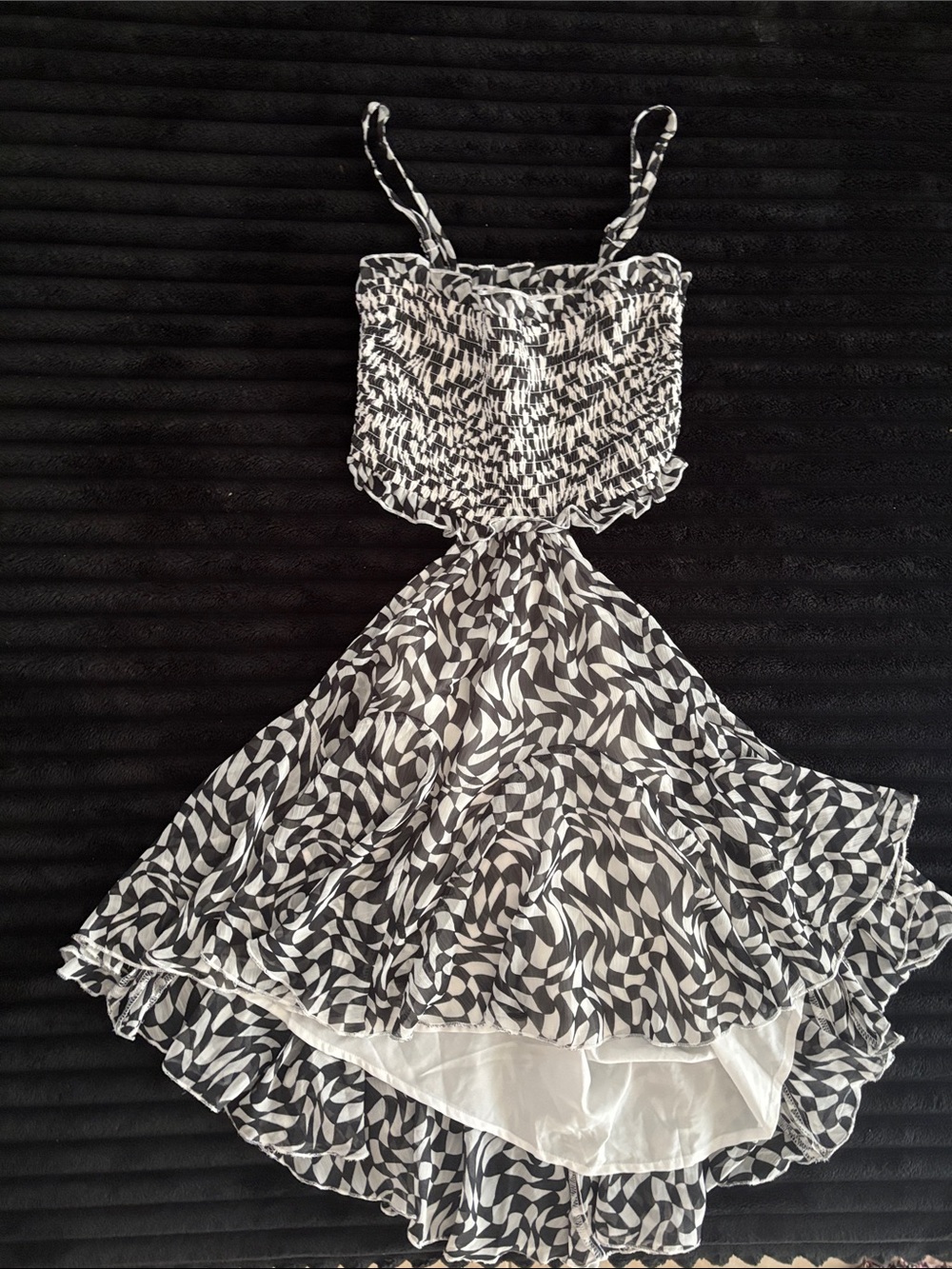 Black & White Printed Midi Dress with Smocked Bodice